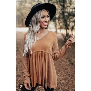 Entro Women's Shirt Babydoll Mixed Media Vneck Boho Shirt Top Size Small Brown